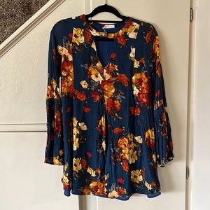 Altar’d State Fall Floral Dress with Adorable Bell Sleeves and Keyhole Neckline